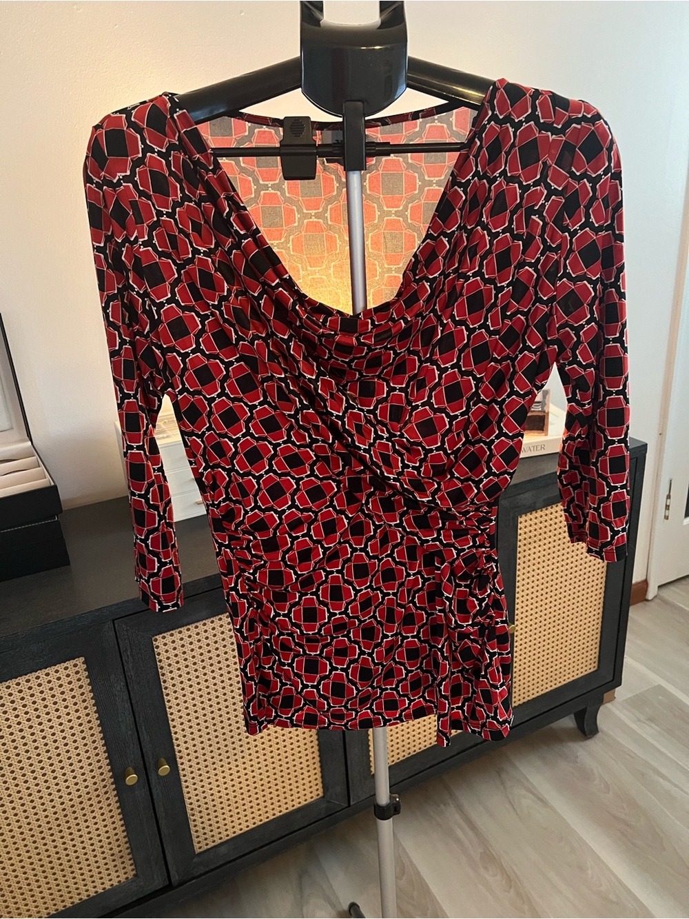Worthington Red and Black Geometric Draped Neck Tunic
